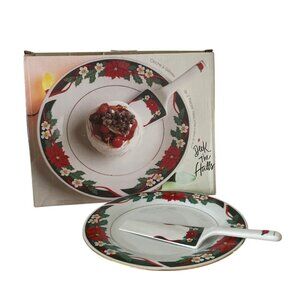 Tienshan Deck The Halls Cake Plate and Server Set Christmas Pattern 11 inch New